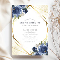 Navy Blue Floral Gold Geometric Modern Wedding