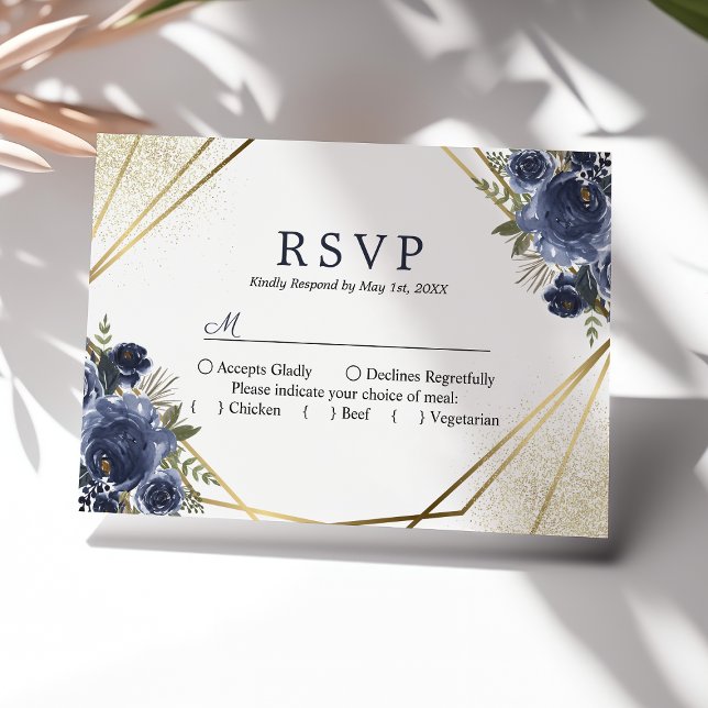 Navy Blue Floral Gold Geometric Wedding RSVP Card (Creator Uploaded)
