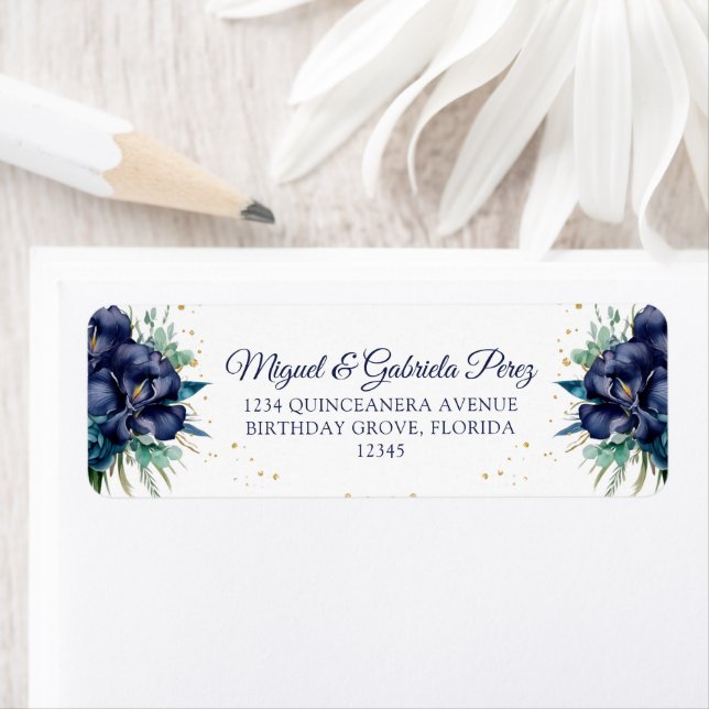 Navy Blue Floral Gold Glitter Return Address Label (Insitu)