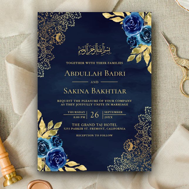 Navy Blue Floral Gold Lace QR Code Muslim Wedding Invitation (Creator Uploaded)