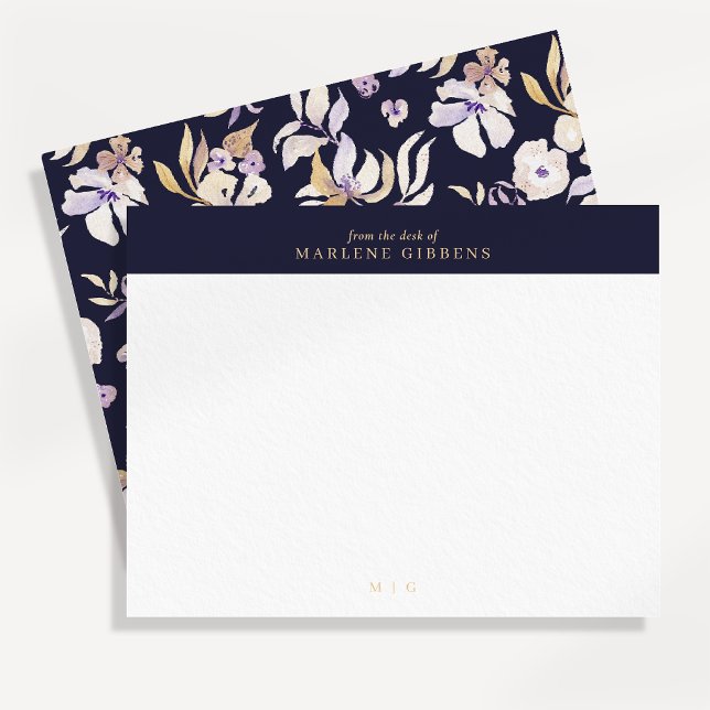 Navy blue floral gold monogram note card (Creator Uploaded)