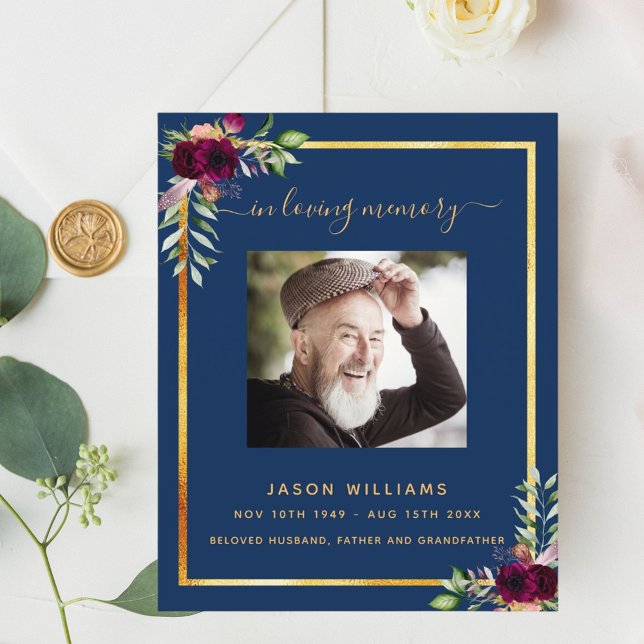 Navy blue floral gold photo funeral program (Creator Uploaded)