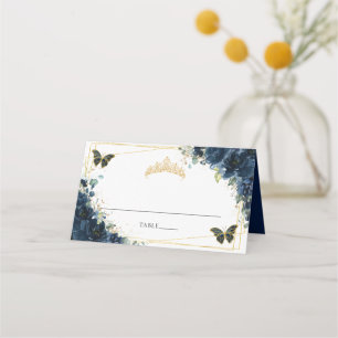 Navy Blue Floral Gold Quinceañera 16th Birthday Place Card