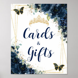 Navy Blue Floral Gold Quinceañera Cards and Gifts  Poster