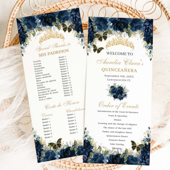 Navy Blue Floral Gold Quinceañera Order of Event Program (navy-blue-floral-gold-butterflies-quinceanera-sweet-16-birthday-slim-program-order-events-padrinos)