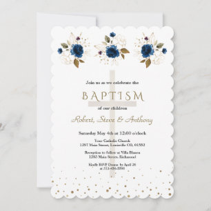 Navy Blue Floral Gold Triplets Boys Baptism   Invitation