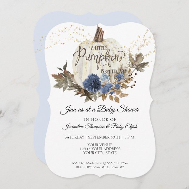 Navy Blue Floral Gold White Pumpkin Baby Shower Invitation (Front/Back)