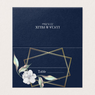 Navy Blue Floral Golden Frame Wedding Place Cards