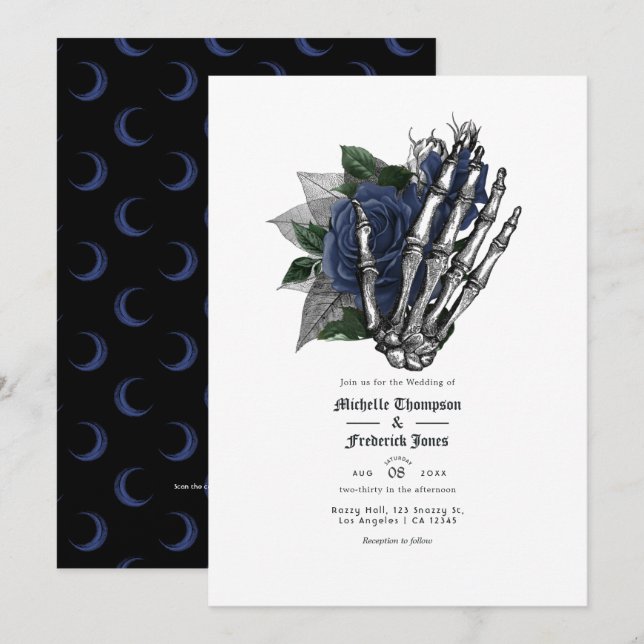 Navy Blue Floral Gothic Wedding QR Code Invitation (Front/Back)
