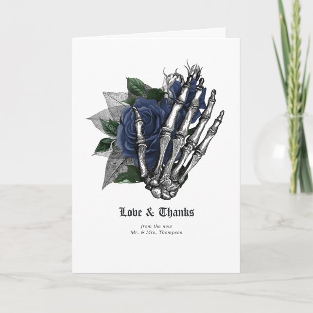 Navy Blue Floral Gothic Wedding Thank You Card (Front)