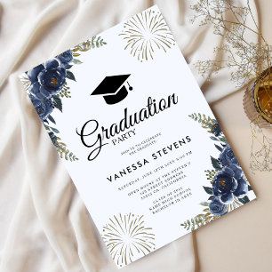 Navy Blue Floral Graduation  Cap Party  Invitation
