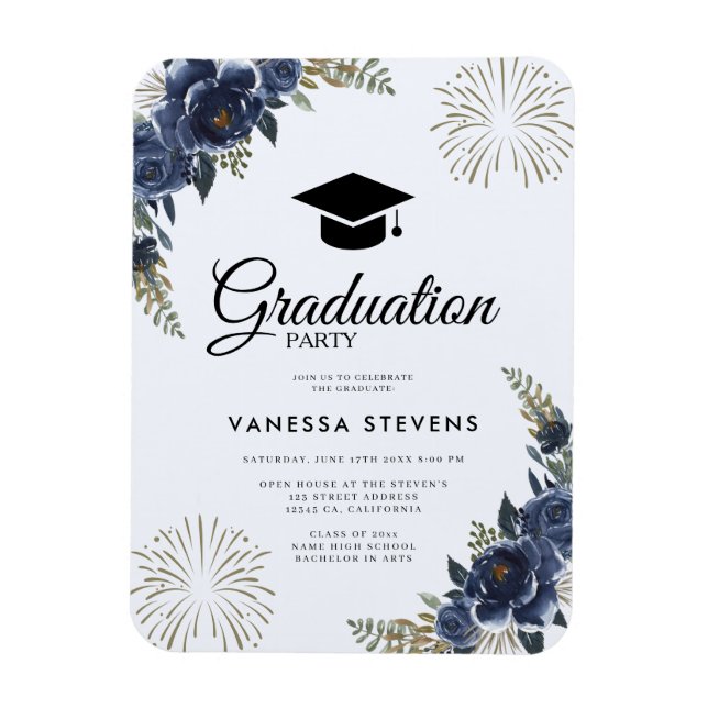 Navy Blue Floral Graduation  Cap Party  Magnet (Vertical)