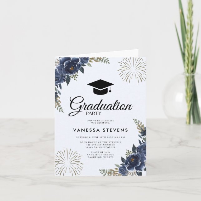 Navy Blue Floral Graduation  Graduation Cap Party  Invitation (Front)
