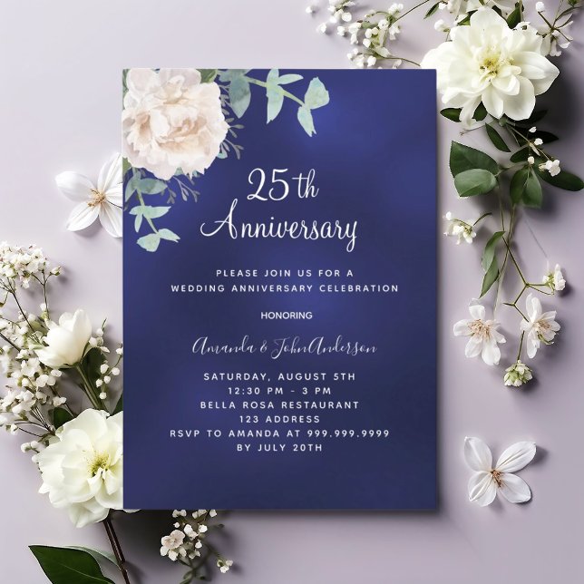 Navy blue floral greenery 25th wedding anniversary invitation (Creator Uploaded)