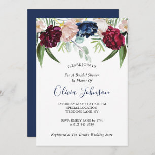 Navy Blue Floral Greenery Bridal Shower Invitation
