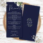 Navy Blue Floral Greenery Monogram Wedding Dinner Menu<br><div class="desc">This elegant navy blue floral botanical greenery leaves wedding menu can be personalised with your information in chic typography with your monogram initials on the reverse. Designed by Thisisnotme©</div>