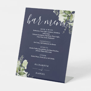 Navy Blue Floral Greenery Wedding Bar Menu Pedestal Sign