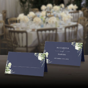 Navy Blue Floral Greenery Wedding Folded Place Card