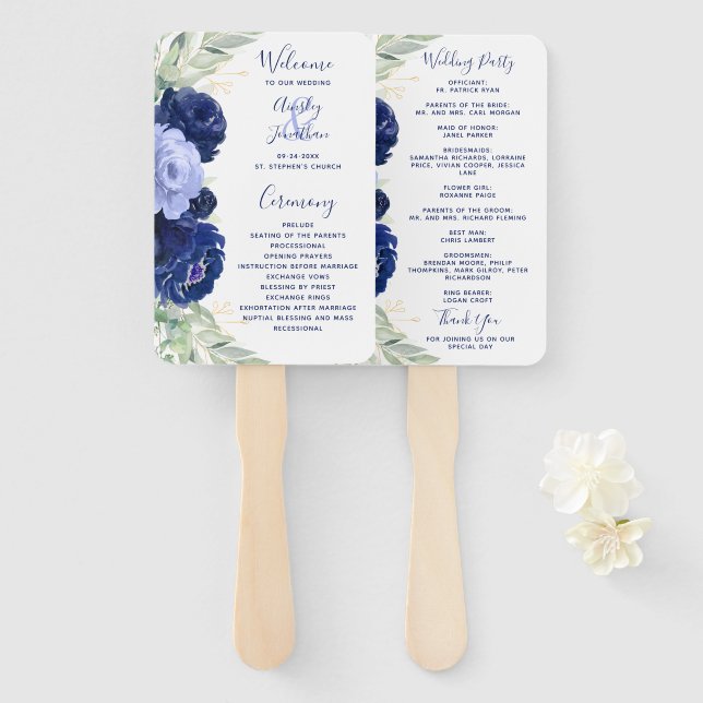 Navy Blue Floral Greenery Wedding Program Hand Fan (Front and Back)