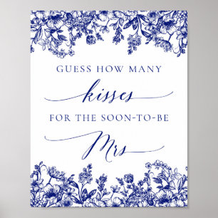 Navy Blue Floral Guess How Many Kisses Bridal Sign