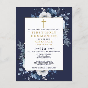 Navy Blue Floral Holy Communion Save The Date Postcard
