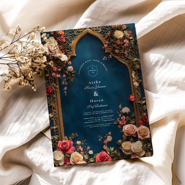 Navy Blue Floral Islamic Wedding Invitation (Creator Uploaded)