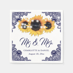 Navy Blue Floral Lace Sunflower Wedding Napkin