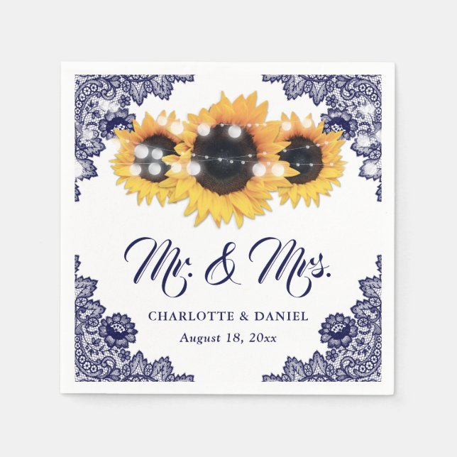 Navy Blue Floral Lace Sunflower Wedding Napkin (Front)