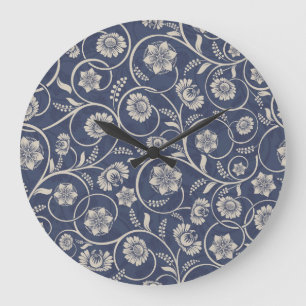 Navy Blue Floral Large Clock