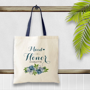 Navy Blue Floral Maid of Honour Tote Bag
