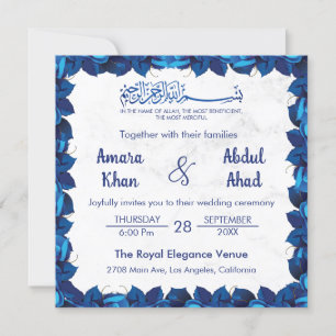 Navy Blue Floral Marble Islamic Muslim Wedding Invitation