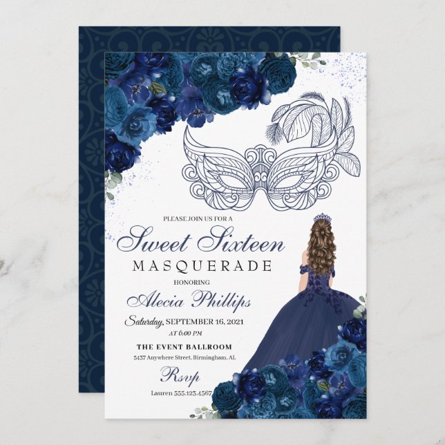 Navy Blue Floral Masquerade Sweet 16 Invitation (Front/Back)