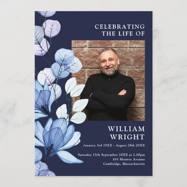 Navy Blue Floral Memorial Funeral Order Of Service Program (Front)