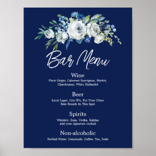 Navy Blue Floral Modern Winter Wedding Bar Menu Poster