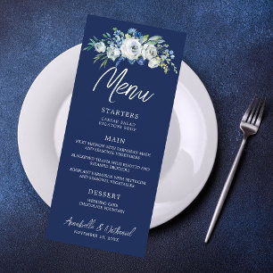Navy Blue Floral Modern Winter Wedding Dinner Menu
