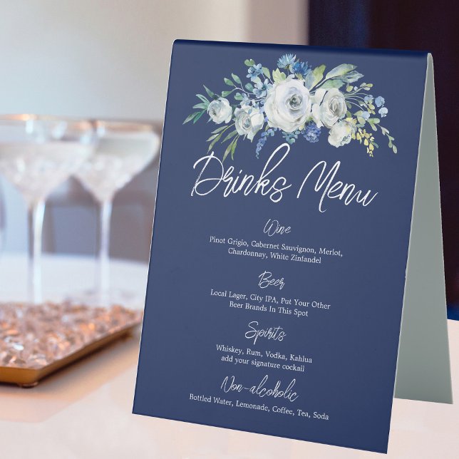 Navy Blue Floral Modern Winter Wedding Drinks Menu (Creator Uploaded)