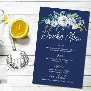 Navy Blue Floral Modern Winter Wedding Drinks Menu