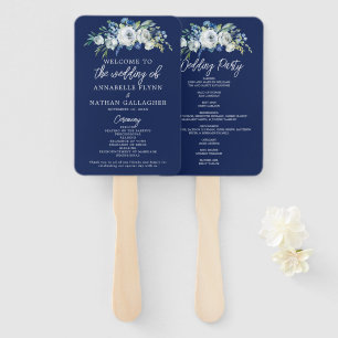 Navy Blue Floral Modern Winter Wedding Program Hand Fan
