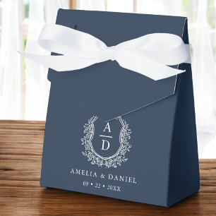 Navy Blue Floral Monogram Wedding Crest Modern Favour Box