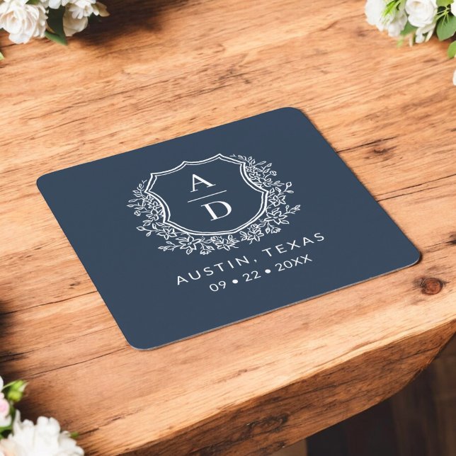 Navy Blue Floral Monogram Wedding Crest Modern Square Paper Coaster (Creator Uploaded)