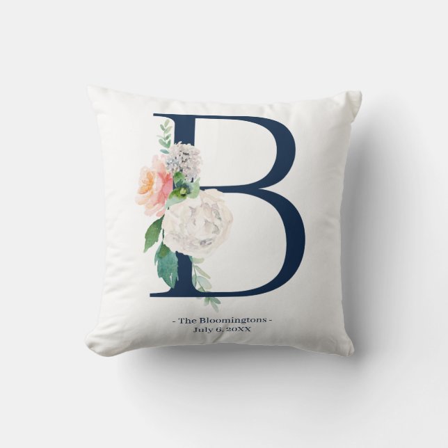 Navy Blue Floral Monogram Wedding Pillow | B (Front)