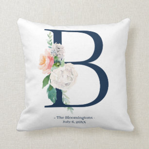 Navy Blue Floral Monogram Wedding Pillow B