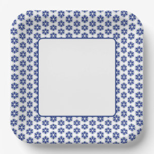 Navy Blue Floral Mosaic Paper Plate