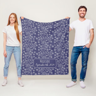 Navy Blue Floral Name Birth Date Baby Fleece Blanket