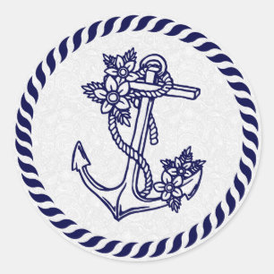 Navy Blue Floral Nautical Anchor & Wreath Classic Round Sticker