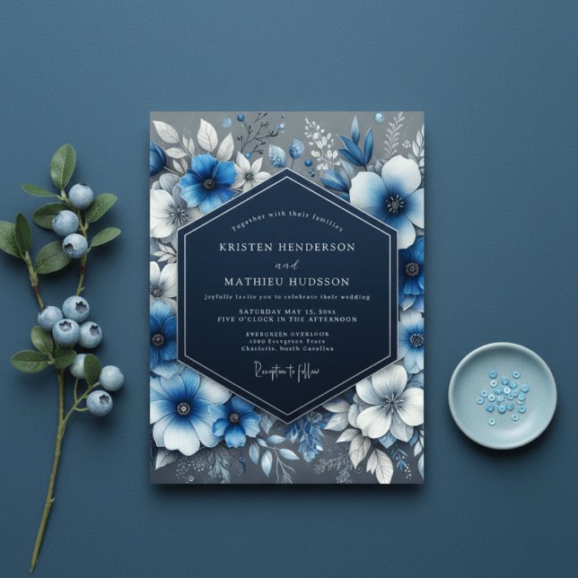 Navy Blue Floral Opulence Wedding Invitation (Creator Uploaded)