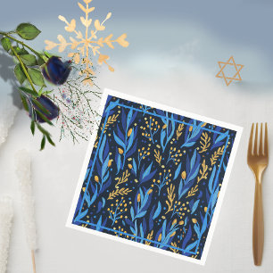Navy Blue Floral Pattern Happy Hanukkah Napkin