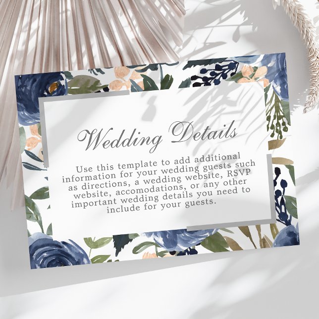Navy Blue Floral Pattern Wedding Details Enclosure Card (Creator Uploaded)