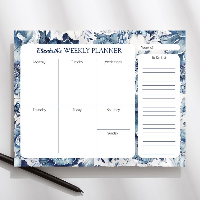Navy Blue Floral Personalised Weekly Planner Pad (Creator Uploaded)