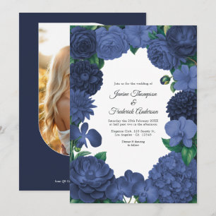Navy Blue Floral Photo and QR Code Wedding Invitation